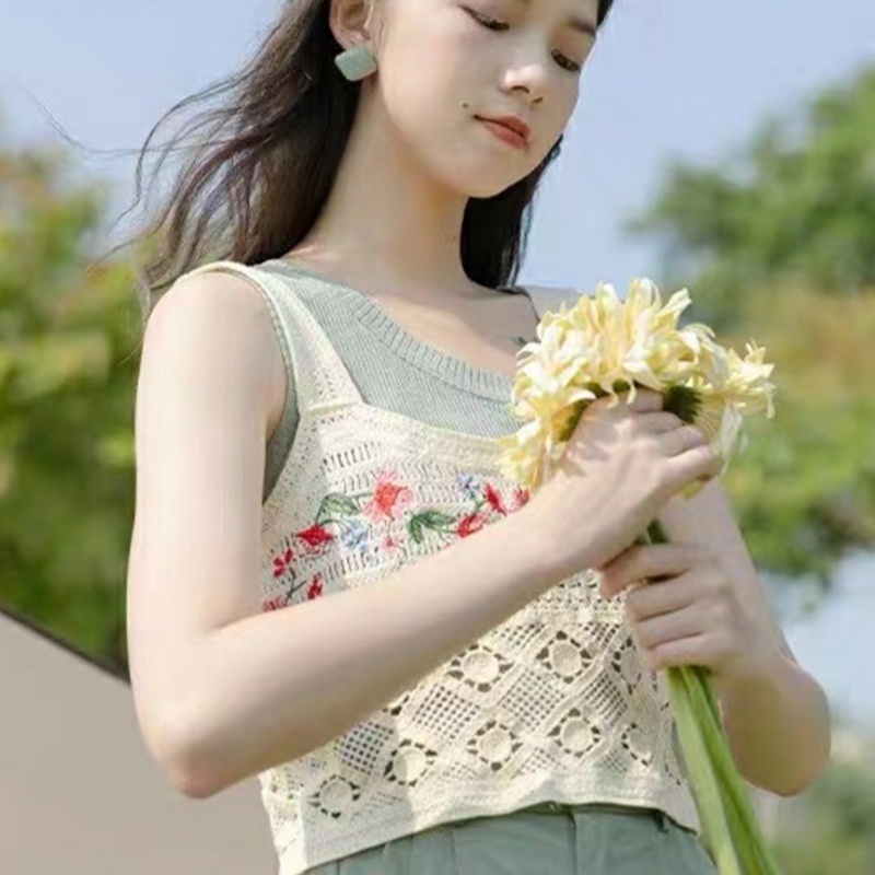 Áo Croptop Dệt Kim Sát Nách Thêu Họa Tiết Hoa Màu Sắc Tương Phản Thiết Kế Đục Lỗ Thời Trang Đi Biển Cho Nữ