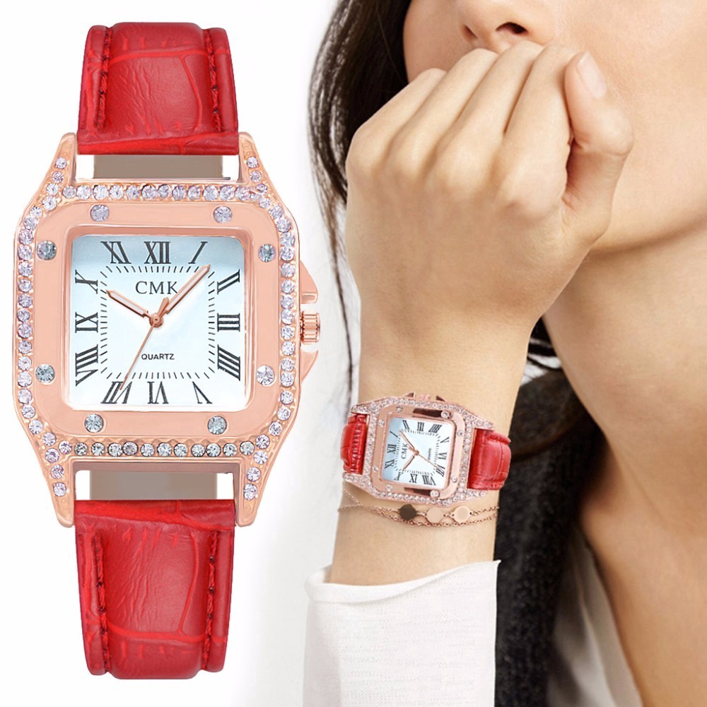 Đồng hồ cơ phối dây da mặt hình vuông đính đá nhiều màu sắc thời trang cho nữ