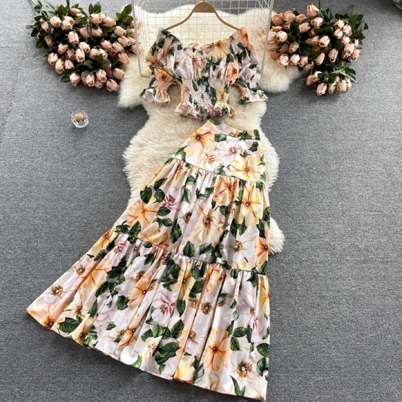 set áo bo eo thun chân váy xoè quảng châu