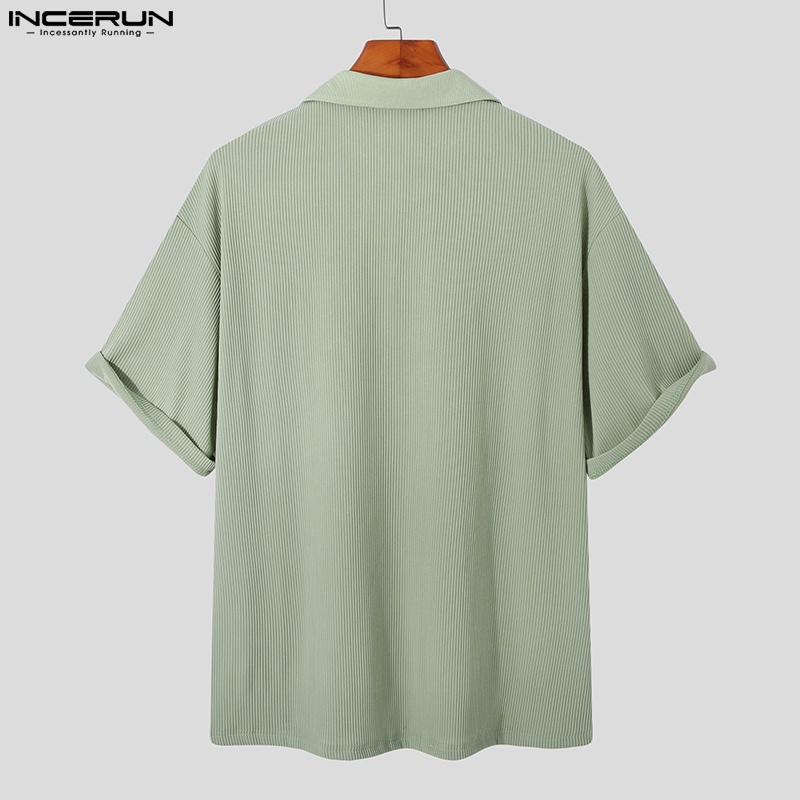 Áo thun polo INCERUN tay ngắn màu trơn xếp ly thời trang dành cho nam