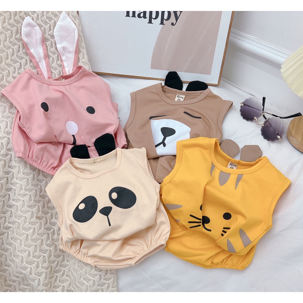 Bộ hè bé trai, bé gái, bộ cotton tai thú thật cạp rời dễ thương cho bé