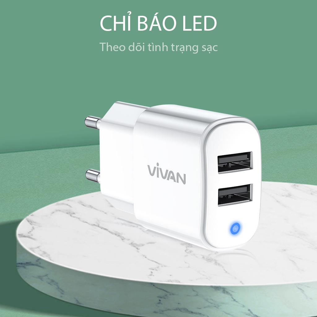 Cốc sạc 2 cổng USB  VIVAN Charger VP01 Black hàng chính hãng bảo hành 12 tháng 1 đổi 1