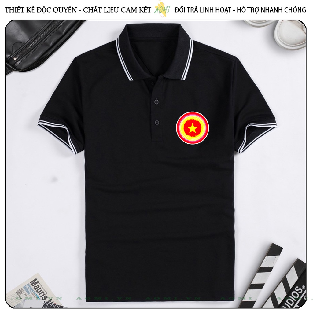 ÁO POLO CAPTAIN SAO VÀNG VIỆT NAM CHẤT CÁ SẤU MÈ ĐEN TRẮNG VÀNG UNISEX PHÔNG NAM NỮ THUN CỔ BẺ BASIC GIA ĐÌNH AOMIVN