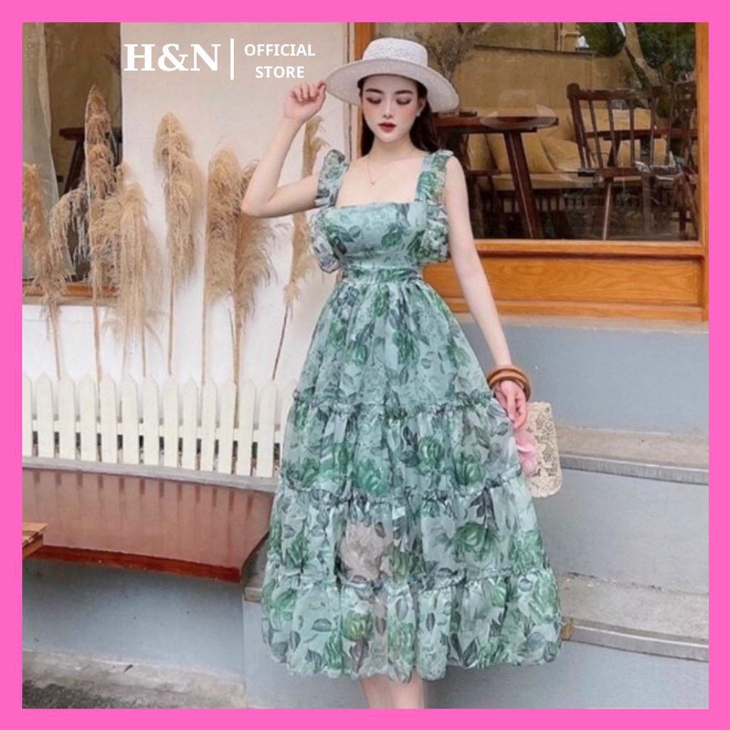 Váy hoa maxi 2 dây đi biển thiết kế dáng xòe cổ vuông xinh đẹp HN CLOTHING V15