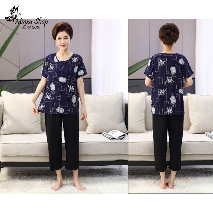 Bộ mặc nhà trung niên Minxu Shop cách tân vải cotton lụa, đồ ngủ quần lửng sang trong lịch sự cho bà cho mẹ