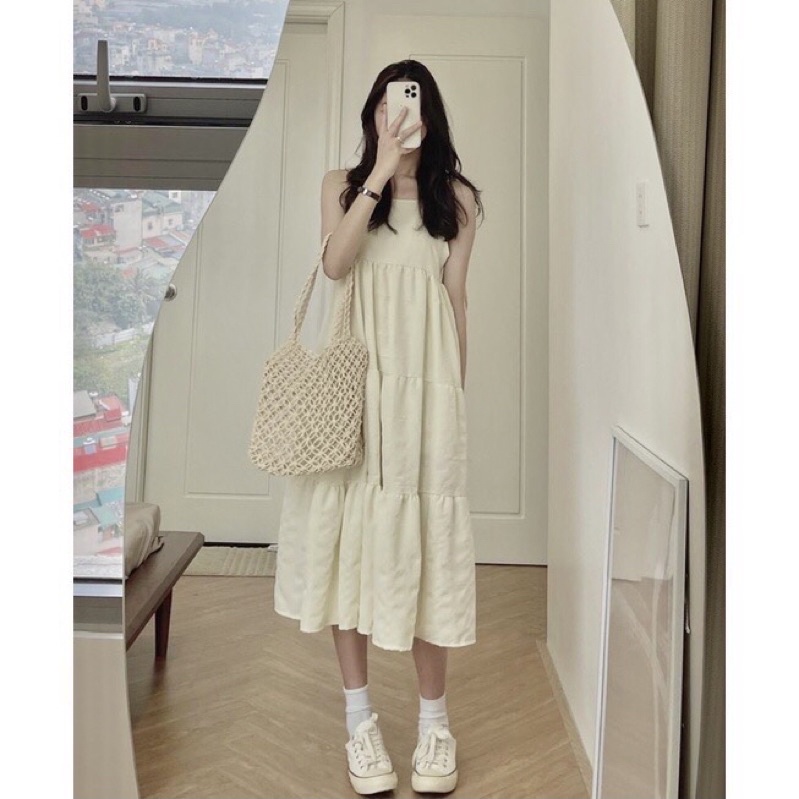 Váy 2 dây babydoll buộc vai hở lưng chất vải xốp 2 lớp dáng dài maxi mặc đi chơi, đi biển đẹp Maitrangshop92