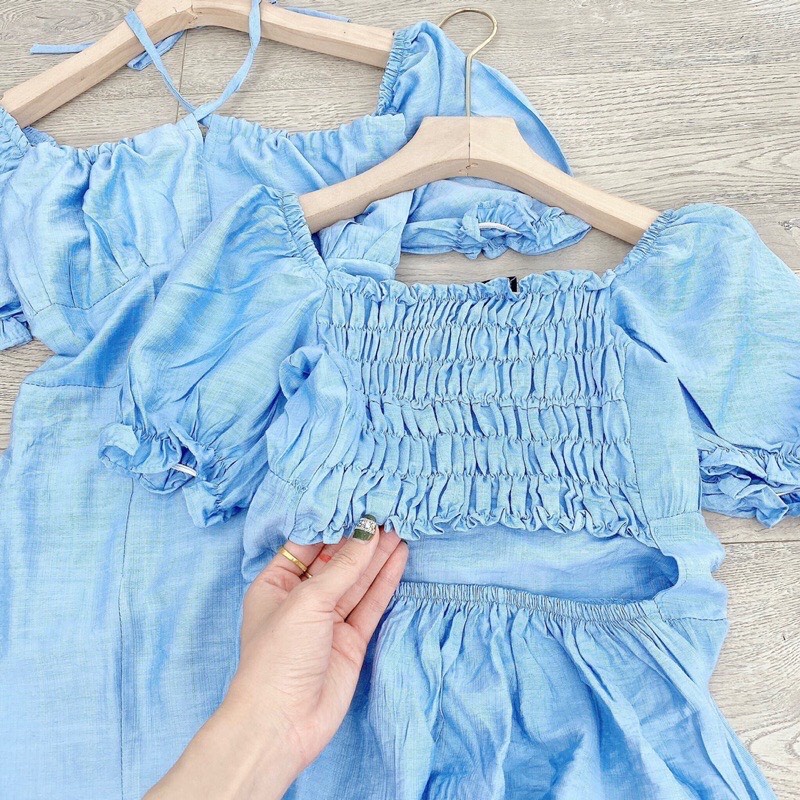 Váy đầm nữ  dáng maxi đũi xước xanh dương xẻ tà chun lưng đi biển freesize nhún ngực iêu dễ thương