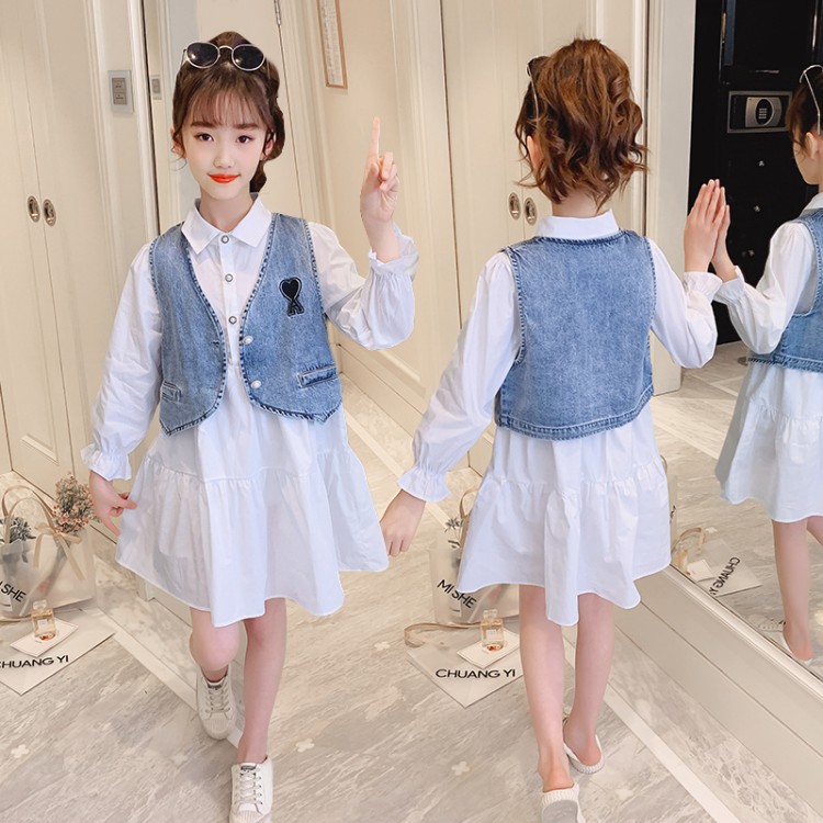 Set Áo Sơ Mi Trắng Và Đầm Yếm Denim Xinh Xắn Cho Bé Gái