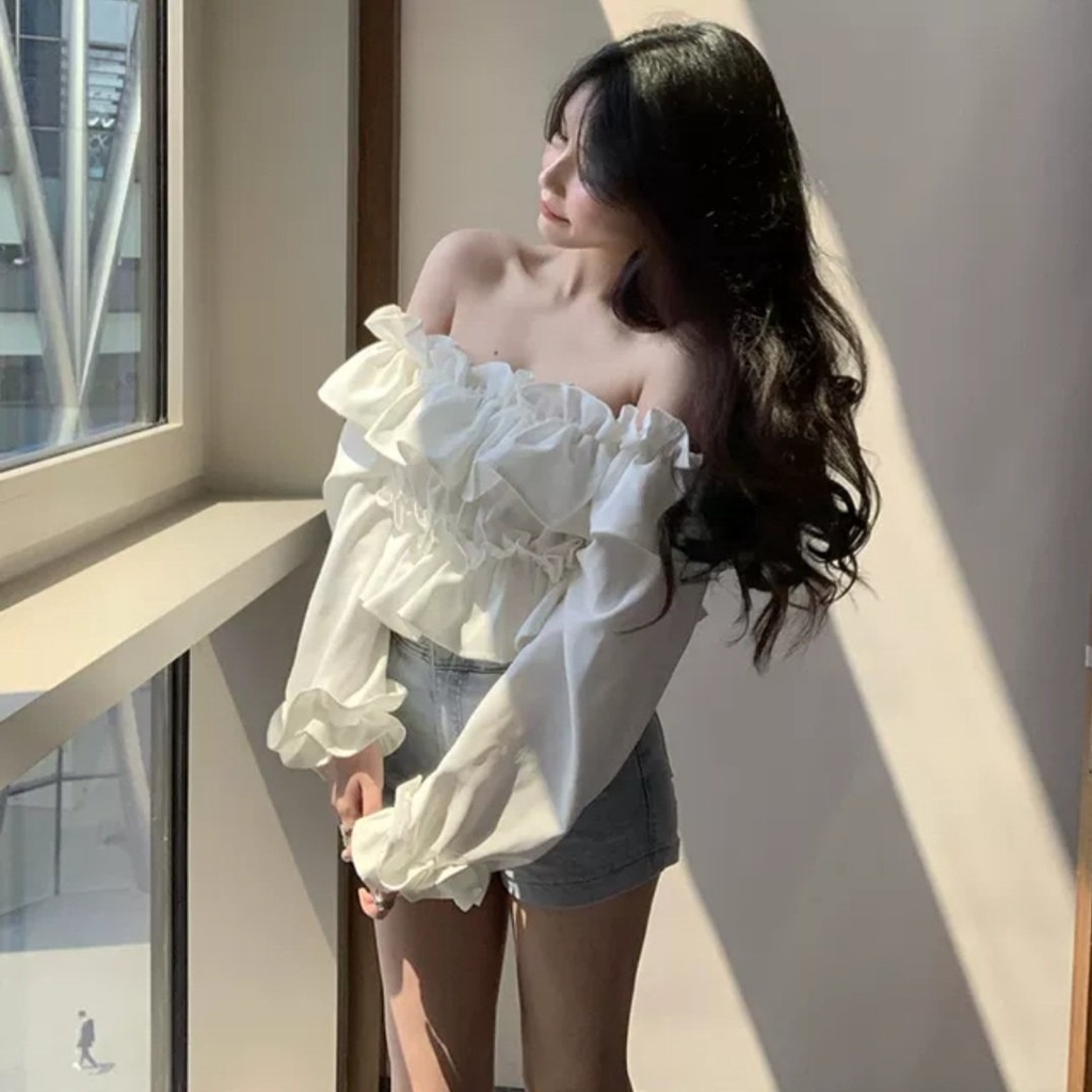 Áo croptop trễ vai bánh bèo tiểu thư, áo trắng trần trễ vai bo tay