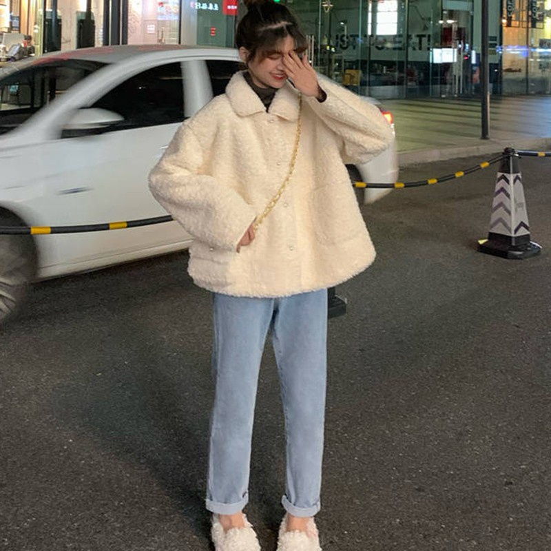 DUNEA Áo Khoác Lông Tay Dài Dáng Rộng Màu Sắc Đơn Giản Thoải Mái Cho Nữ