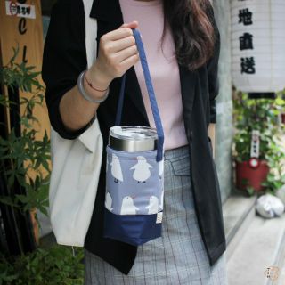 Túi vải đựng bình nước họa tiết chim cánh cụt/ Túi vải bảo vệ môi trường/ Túi vải đựng bình giữ nhiệt/ ly giữ nhiệt