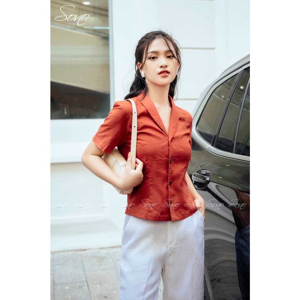 Sono - Áo Sơ Mi Crop Top Cố Vest Cộc Tay Chất Liệu Linen Cao Cấp