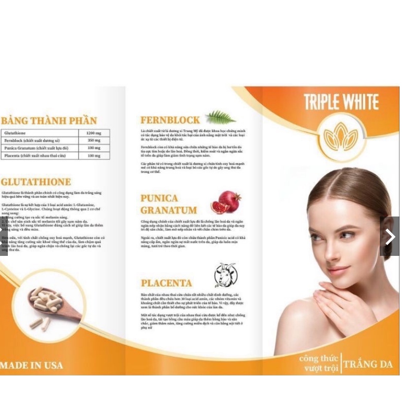 [Nhập khẩu] Viên uống trắng da chống nắng Triple White Glutathione Leucotomos và nhau thai cừu - Hộp 50 viên