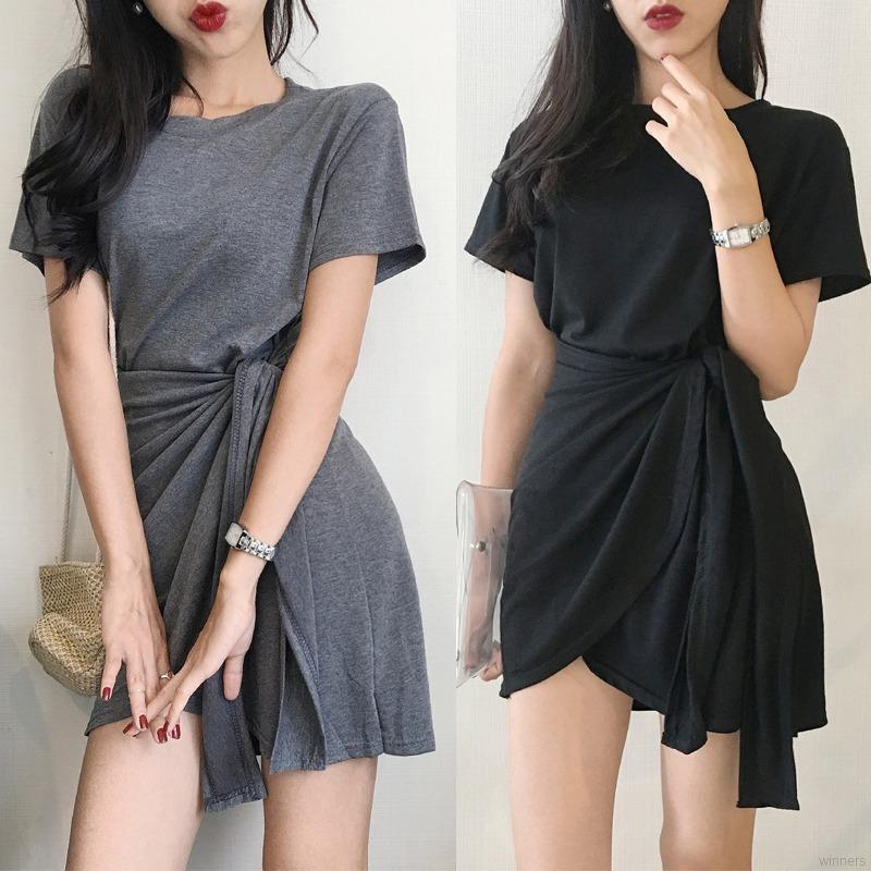 Đầm Tay Ngắn Thắt Eo Phong Cách Hàn Quốc