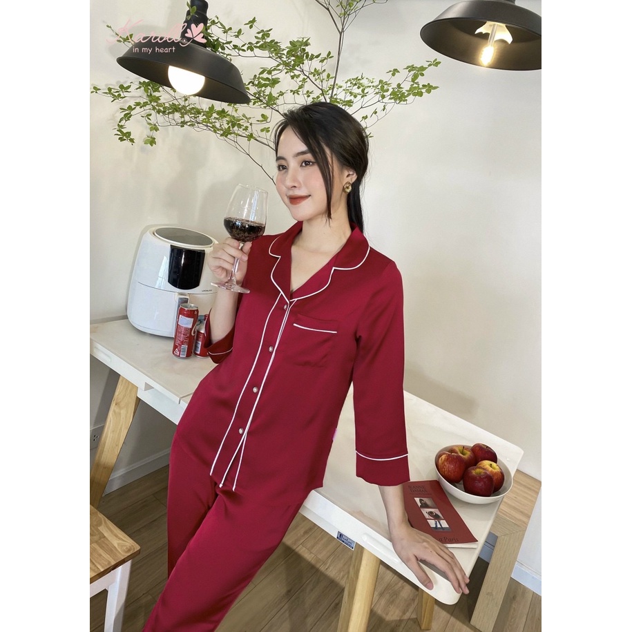 Bộ đồ mặc nhà Cao Cấp Karoll. SET đồ PIJAMA lụa mềm nhẹ, Thiết kế kiểu trơn đơn giản, phối viền siêu trẻ trung nhẹ nhàng