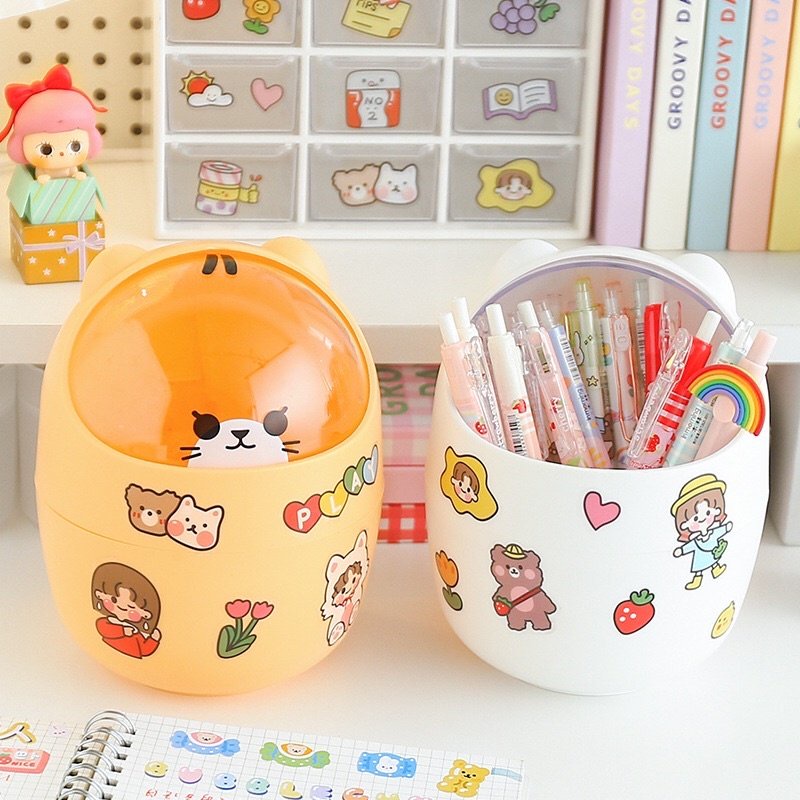 THÙNG RÁC MINI HÌNH MÈO DỄ THƯƠNG ĐỂ BÀN TẶNG KÈM STICKER TRANG TRÍ