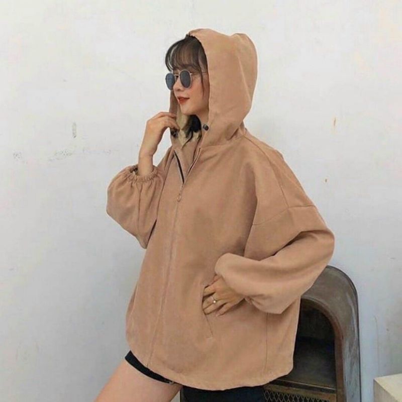 Ào khoác nữ nhung gân, nhung tăm form rộng kiểu cánh dơi tay thụng có nón phong cách Hàn