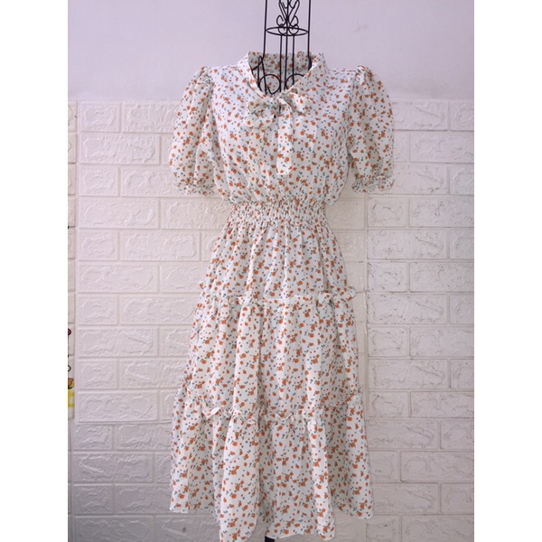 Đầm hoa lụa tầng cột nơ cổ freesize 40-65kg🌸kèm ảnh video🌸