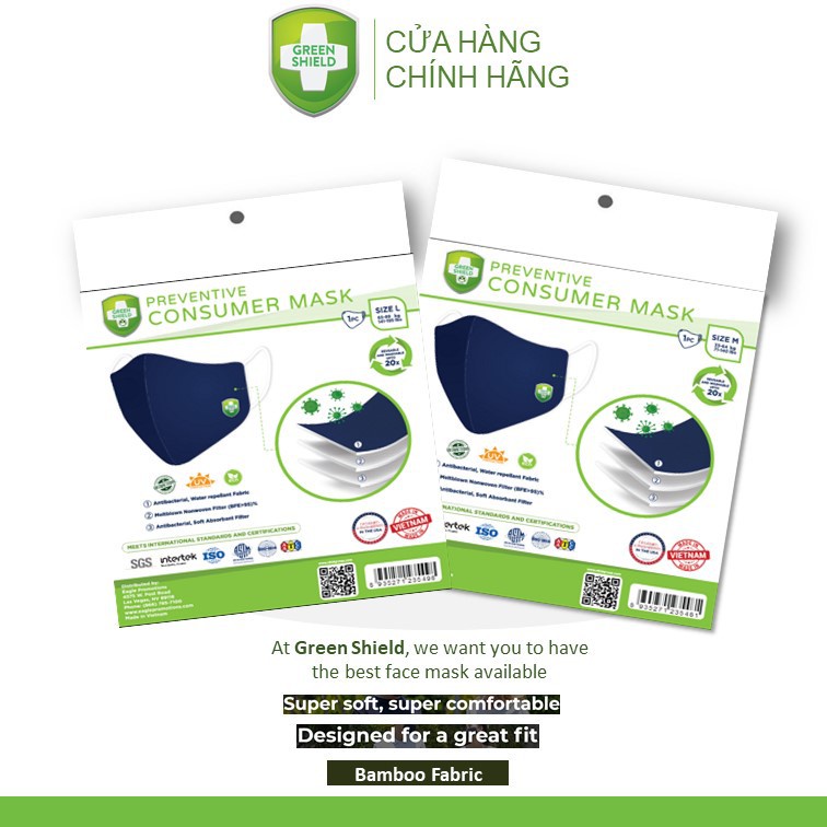 Khẩu Trang Green Shield-Vải Sợi Tre 3 Lớp Kháng Khuẩn-đạt tiêu chuẩn xuất USA-Size Trẻ Em và Người Lớn