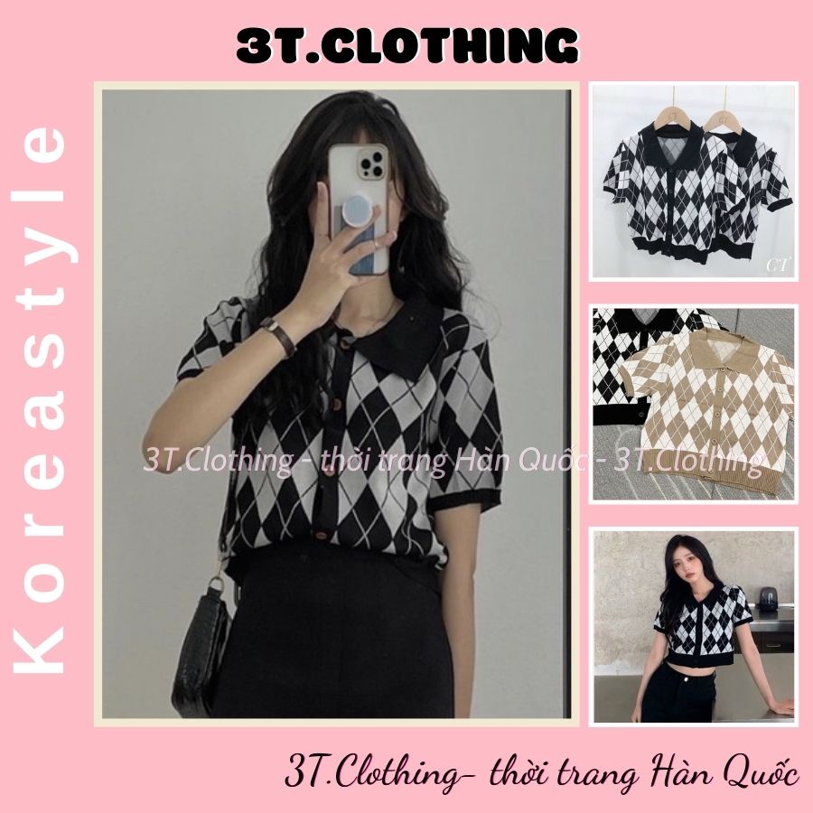 ÁO len croptop, áo polo họa tiết caro quả trám mặc siêu tôn dáng 3t | BigBuy360 - bigbuy360.vn