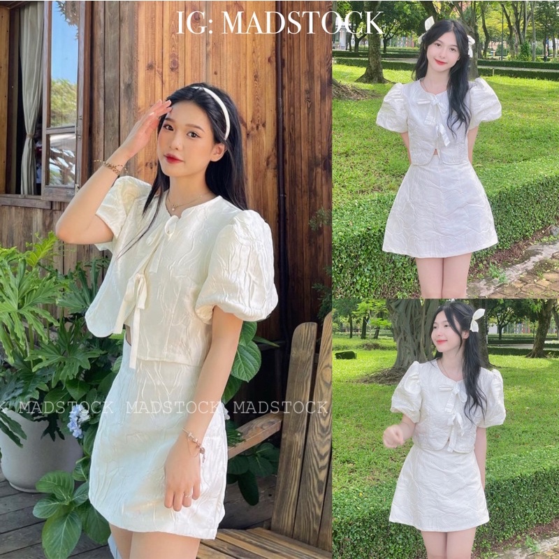 Set áo gấm hoa hồng nổi áo croptop tay lỡ buộc nơ mix chân váy chữ A Madstock