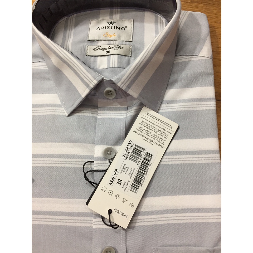 Áo sơ mi nam ngắn tay ARISTINO ASS076S8 xám kẻ trắng ngang, chất modal sợi sồi, tà bằng, dáng reguler fit