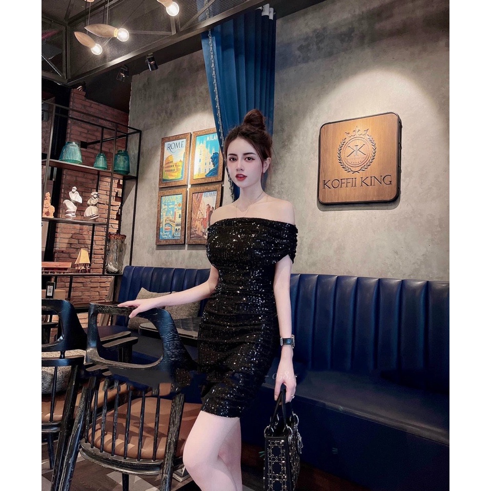 Đầm Body Sexy Bẹt Vai Quyến Rũ Chất Kim Sa Cao Câp