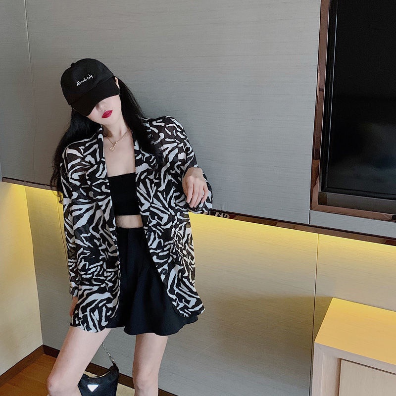 Áo khoác vest vải chiffon dáng dài họa tiết ngựa vằn thời trang phong cách mùa hè Hàn Quốc cho nữ