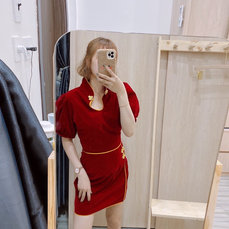 SET CROPTOP NHUNG ĐỎ CỔ TÀU VIỀN VÀNG [ ảnh thật shop tự chụp ] chất đẹp hàng chuẩn Shop | BigBuy360 - bigbuy360.vn