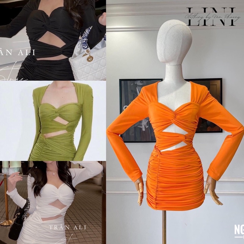 Váy body thun cổ tim xoắn eo sexy chuẩn Trân Ali