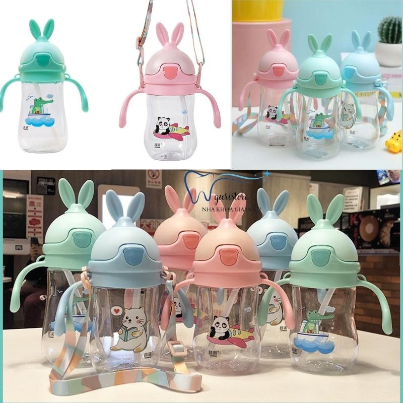 Bình tập uống nước cho bé có dây đeo, ống hút 280ml hình thỏ bằng