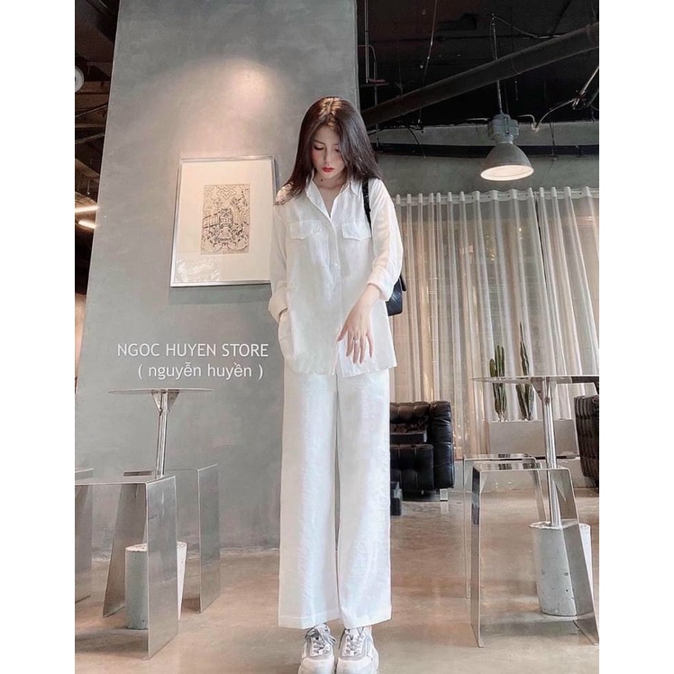 Set sơ mi trắng mix quần ống suông chất đũi lụa - Hàng có sẵn - Xưởng may Lộc Vân - V03