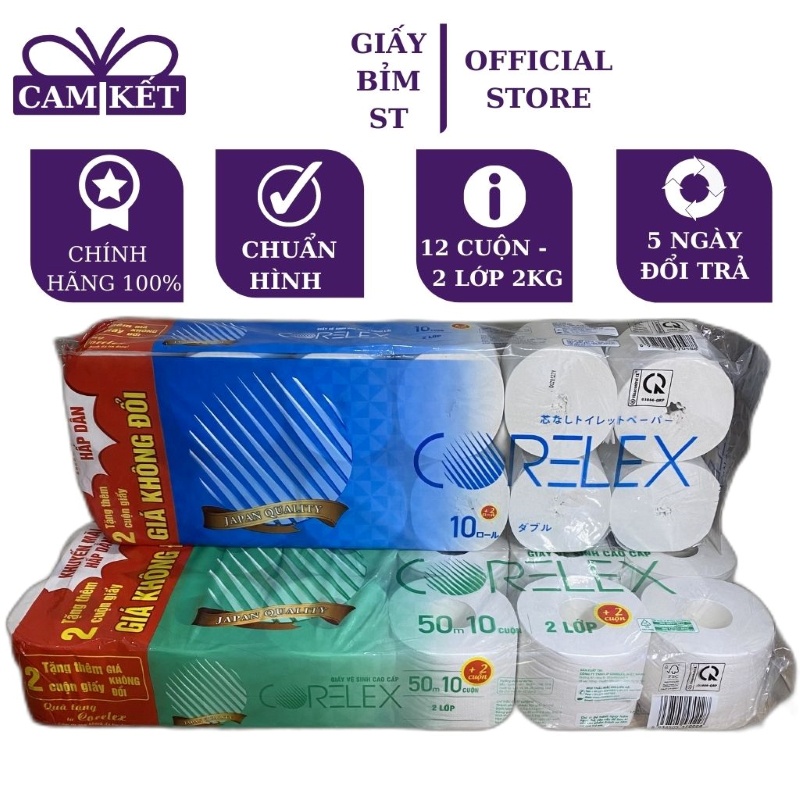 Giấy vệ sinh cuộn Corelex 2 lớp 12 cuộn/dây 2kg có lõi, không lõi cao cấp