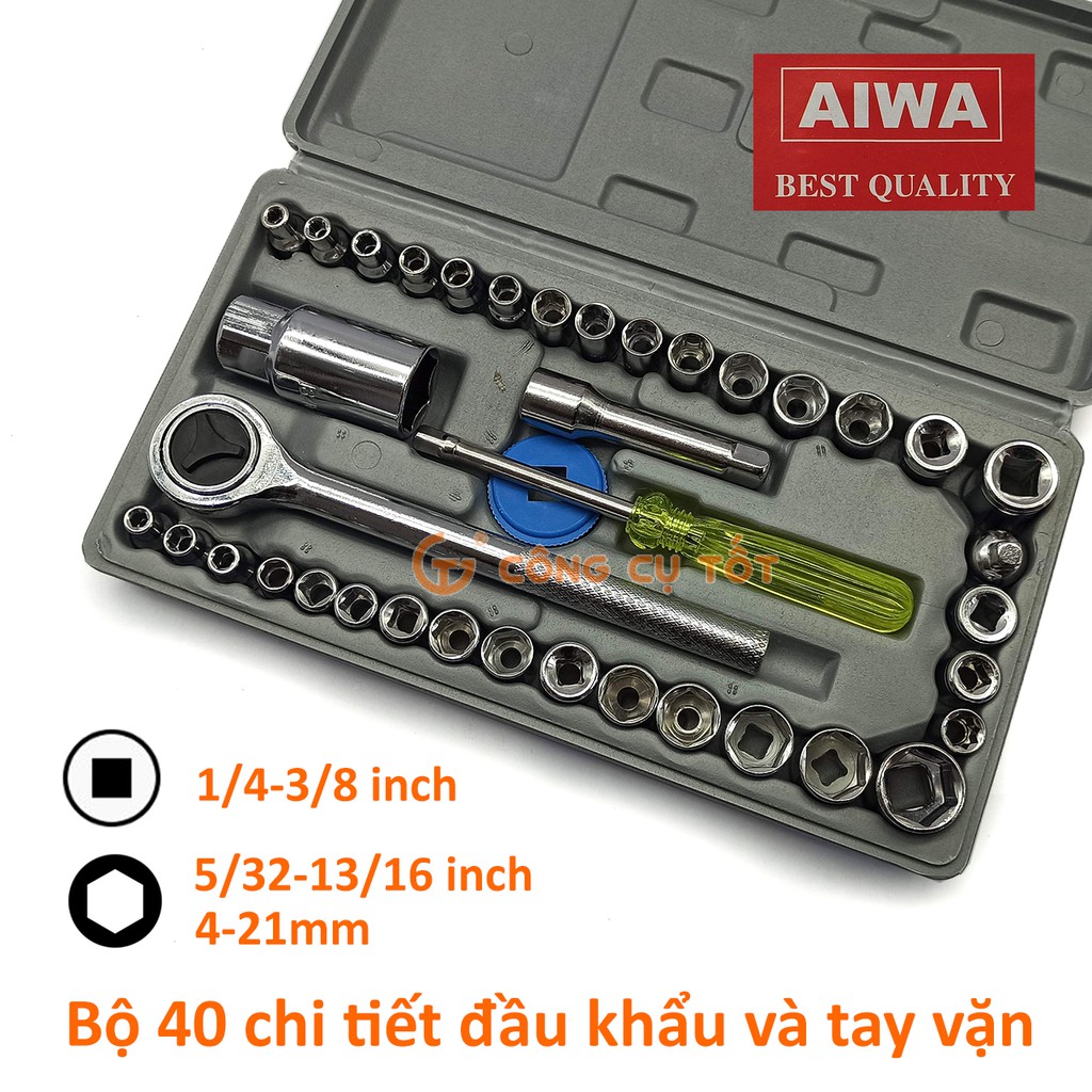 Bộ khẩu và cần xiết sửa xe thay bugi AIWA 40pcs hệ inch và mét