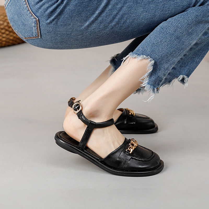 Xăng đan Da Thật 1.5cm Phối Nút Kim Loại Thời Trang Cho Nữ