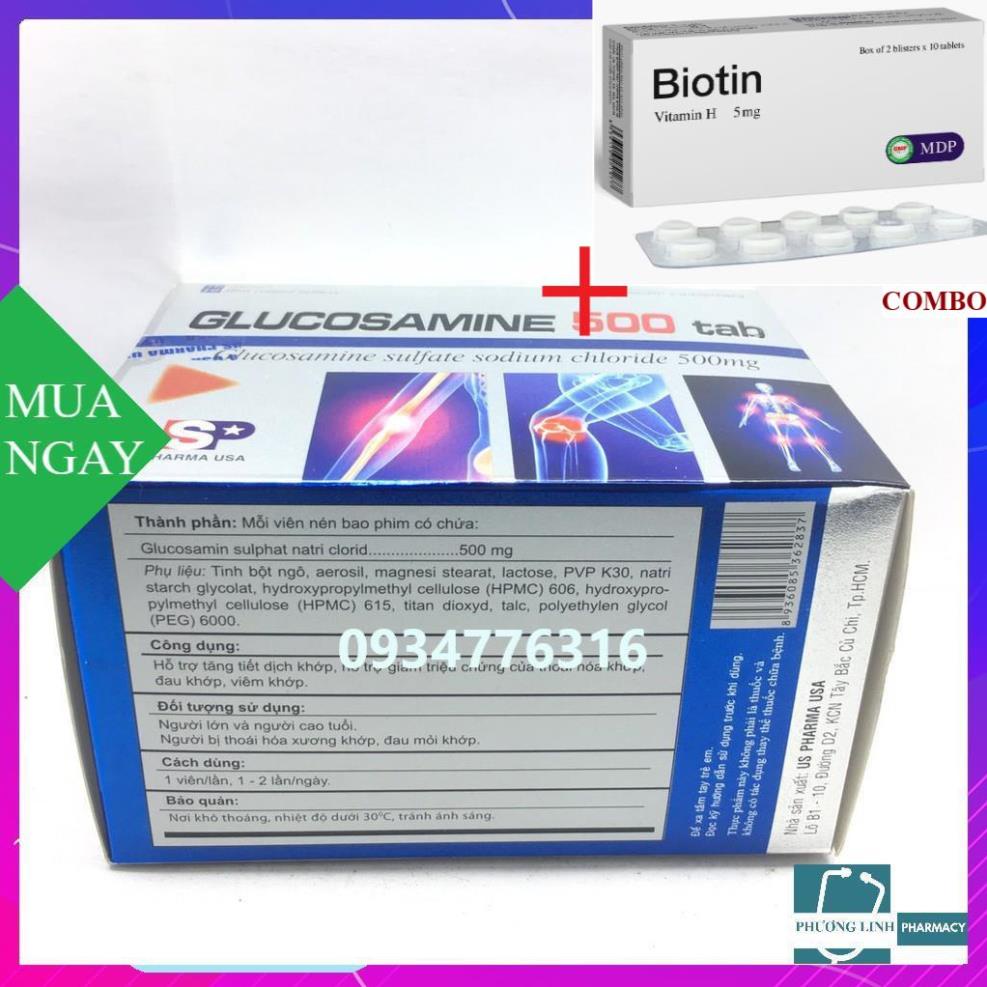Combo Biotin 5mg+ Glucosamin 500 tab hỗ trợ xương khớp hộp 100 viên