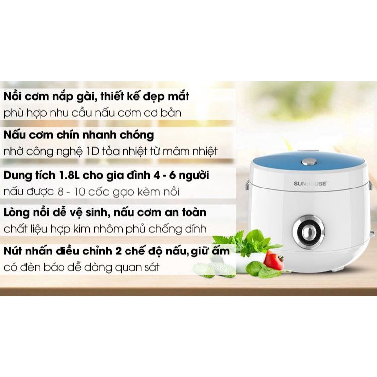 Nồi cơm điện Sunhouse SHD8606 1.8 lít Hàng trưng bày 99%- 4 - 6 người ăn- Công suất 700 W