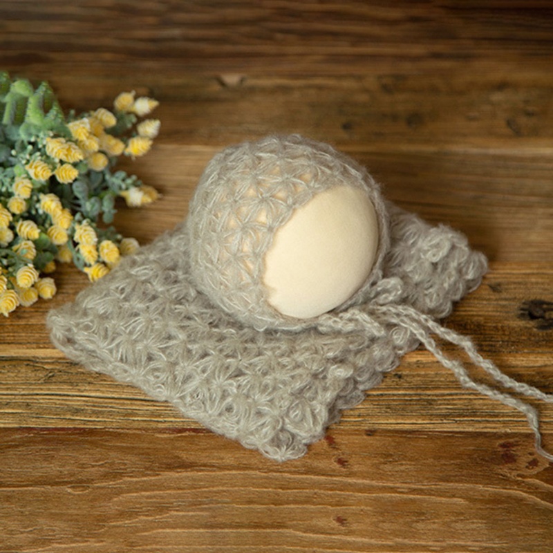 Bộ Chăn Quấn + Nón Dệt Kim Phối Lưới Co Giãn Làm Phụ Kiện Chụp Ảnh Cho Bé Sơ Sinh