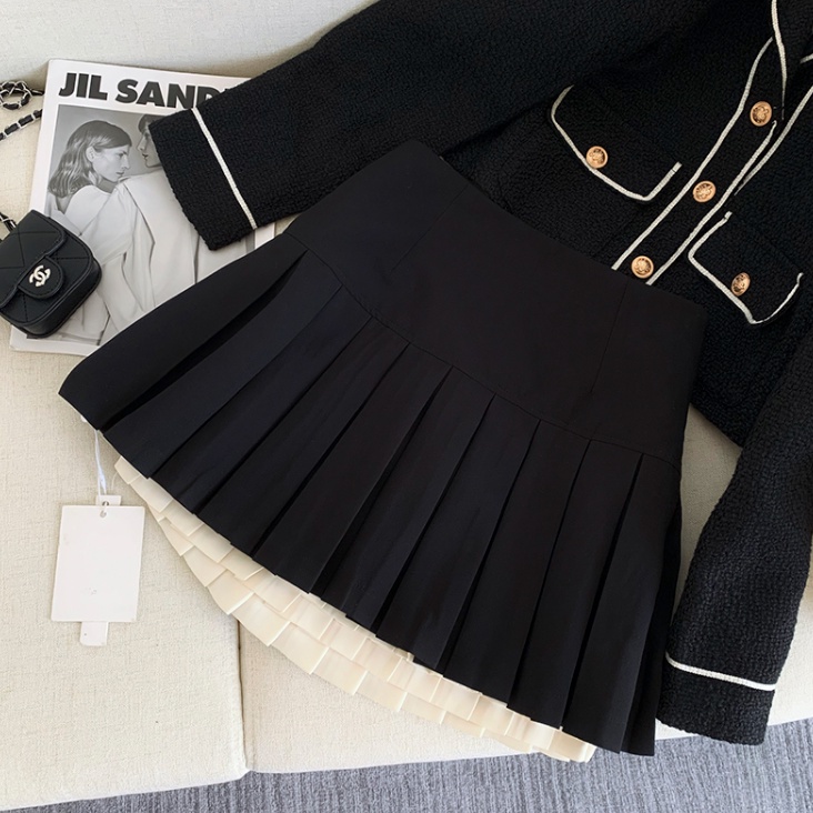 Chân váy xếp ly 2 lớp trắng, đen lưng cao | BigBuy360 - bigbuy360.vn