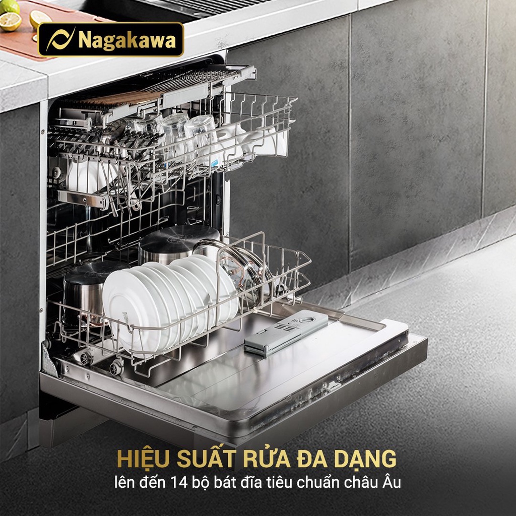 Máy rửa bát 14 bộ cao cấp Nagakawa NAG3602M14 - Bảo hành tại nhà 2 năm - Made in Malaysia