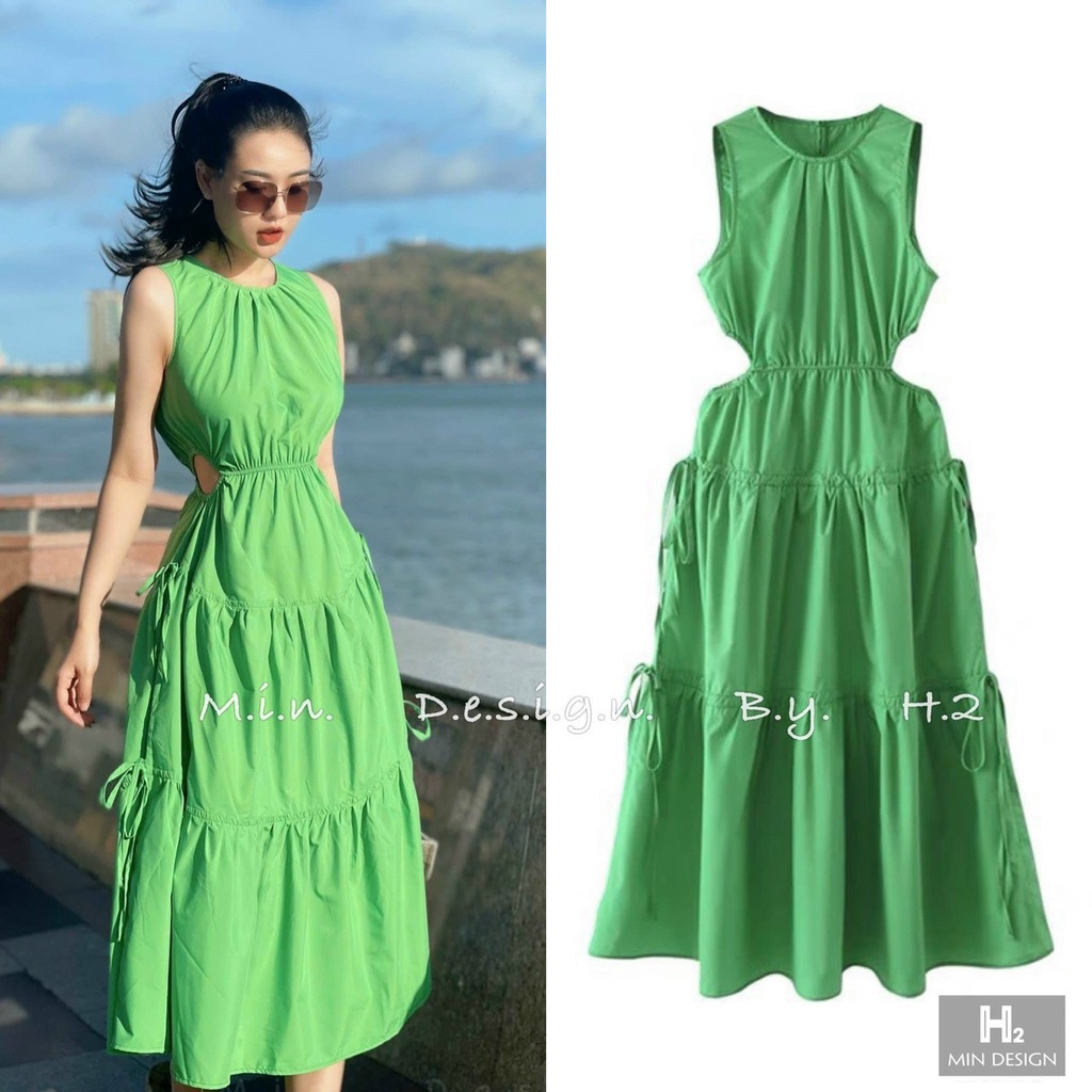 Đầm Xòe Lụa Nhún Bèo Tầng Hở Eo