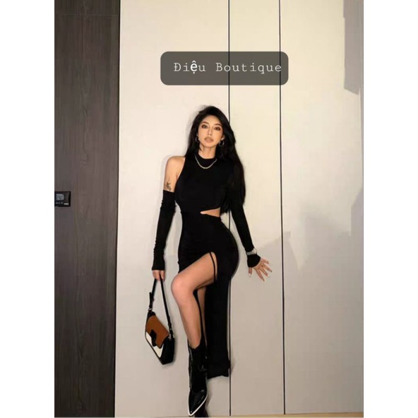 Đầm Body Xẻ Tà, Váy Body Dài Tay Khoét Eo Dáng Dài Hở 1 Vai Rút Dây Thời Trang Nữ Phong Cách Hiện Đại Chất Ngầu