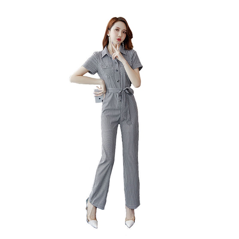 Jumpsuit Lưng Cao Họa Tiết Sọc Caro Phong Cách Hàn Quốc
