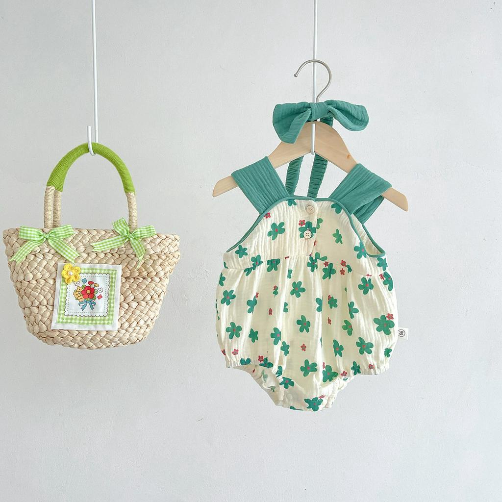 Bộ Trang Phục Gồm Áo Liền Thân Chất Liệu Cotton Mềm Mại Họa Tiết Hoa Kèm 1 Băng Đô Nơ Dành Cho Bé Trai Và Bé Gái