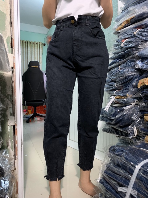 Quần jean nữ 9 tấc big size phom baggy tua lai lưng cao co dãn mạnh màu xám đen rách nhẹ 2984