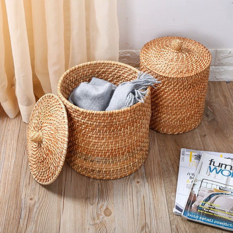 Sọt đựng quần áo mây tre đan BAMBOOO ECO giỏ hình trụ có nắp đựng gạo, cắm hoa trang trí nhà cửa