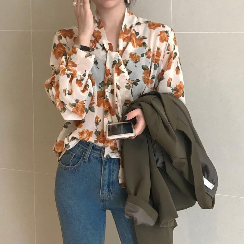 COZOK Áo Sơ Mi Chiffon Tay Dài In Họa Tiết Hoa Hồng Thời Trang Cho Nữ
