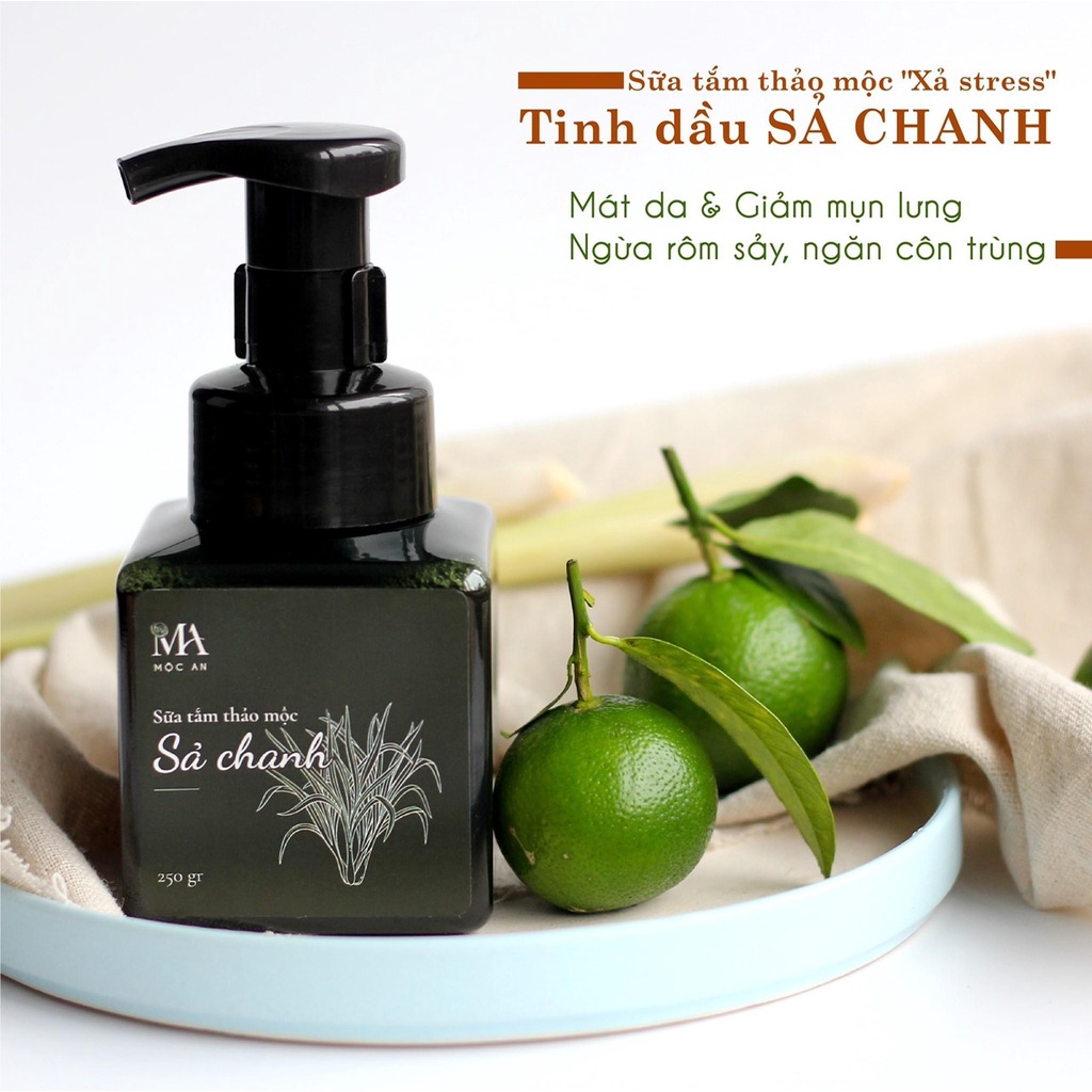 Sữa Tắm Thảo Mộc Tinh Dầu Sả Chanh Mộc An Chiết Xuất Tự Nhiên, Giảm Mụn Ngừa Rôm Sảy 250g