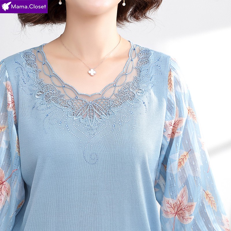 #TB7762 ÁO LEN TAY VOAN CỔ HỌA TIẾT REN THANH LỊCH DÀNH CHO PHỤ NỮ TRUNG NIÊN, QUÀ TẶNG MẸ 2021 | BigBuy360 - bigbuy360.vn