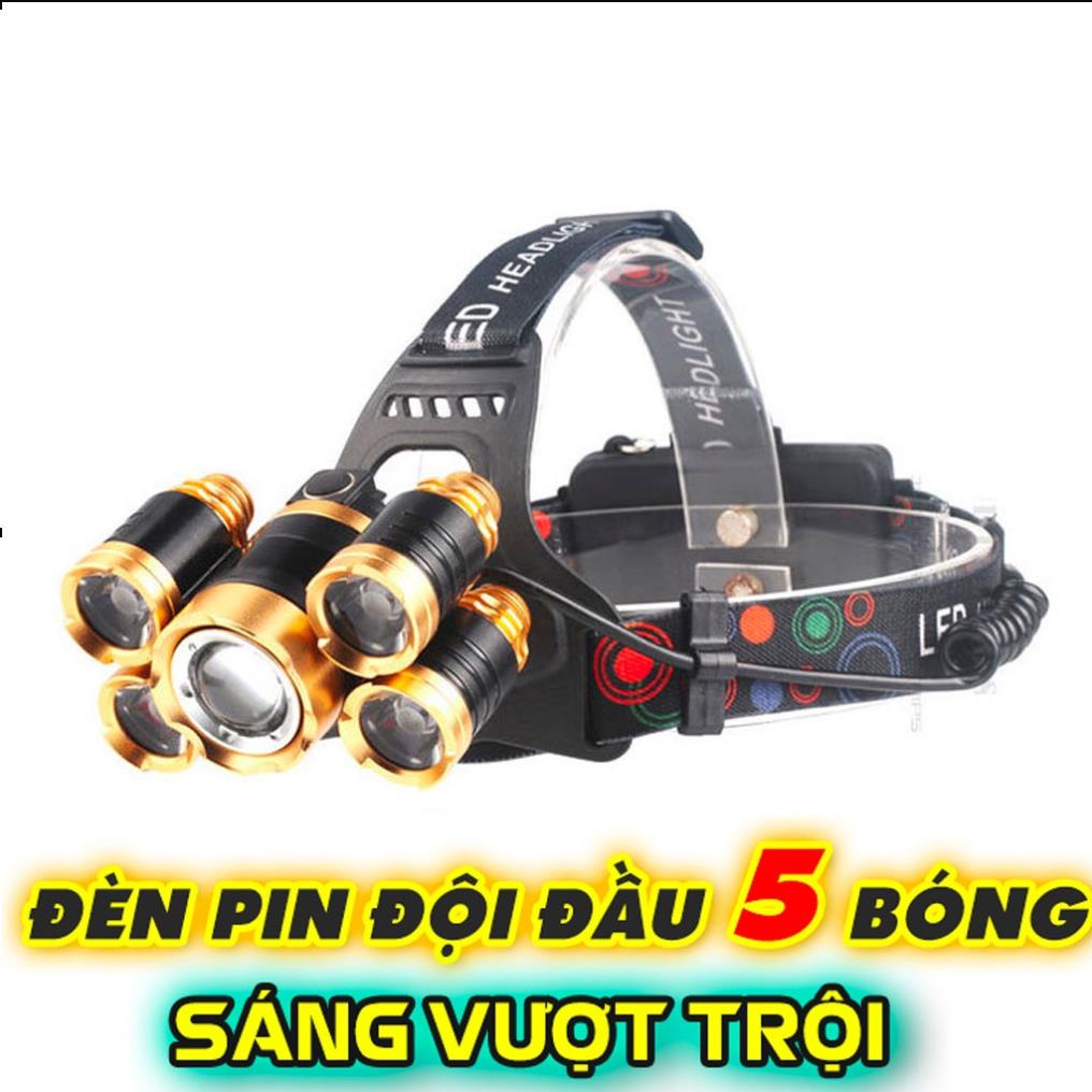 Đèn Pin Đội Đầu 5 Bóng Siêu Sáng Kèm Pin Sạc Tiện Lợi